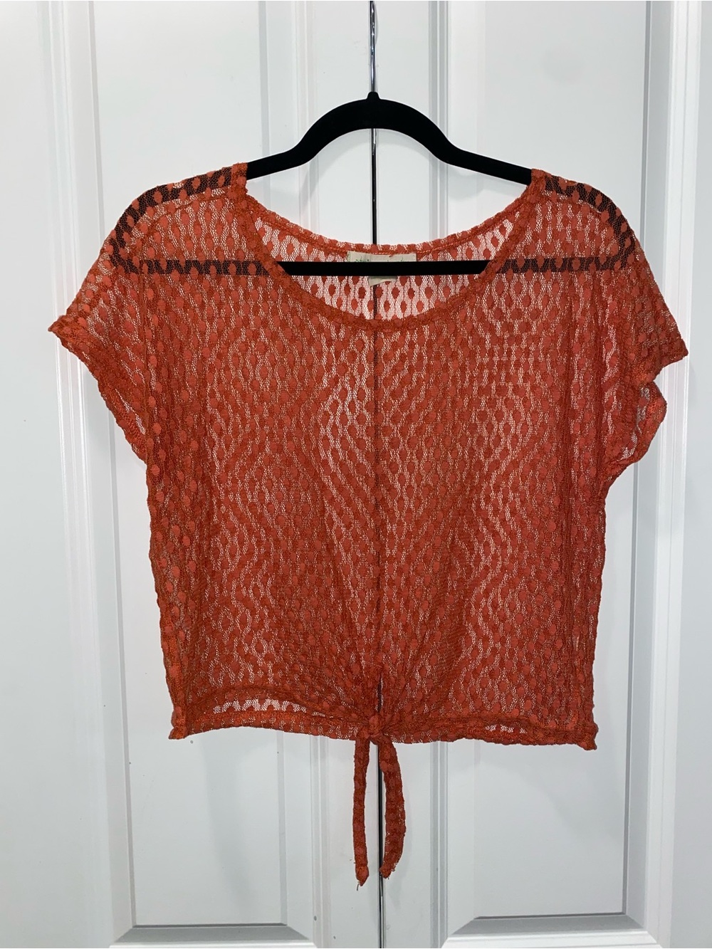 Orange Open-Knit Tie-Front Short Sleeve Top